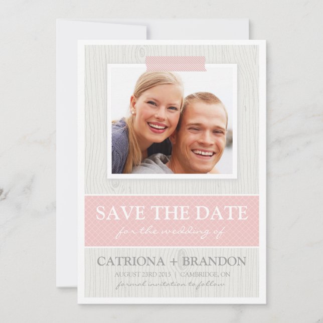 Pink Tape on Wood Photo Save the Date Announcement (Front)