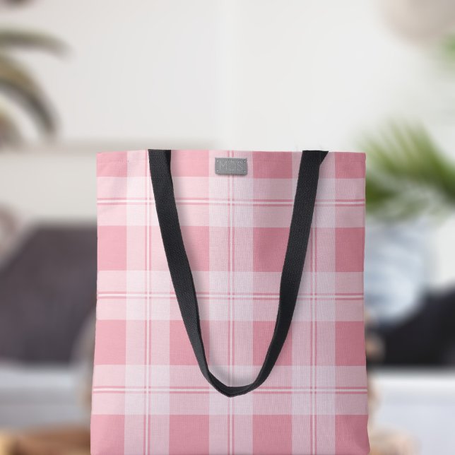 Pink Tartan Check Plaid Pattern Modern Monogram Tote Bag (A pretty pink plaid tartan check tote bag with space for your initials)