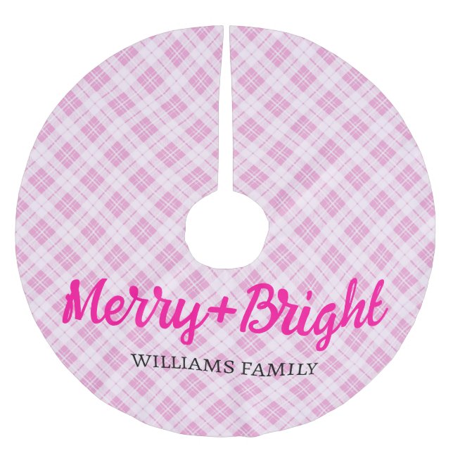 Pink tartan Christmas Merry Bright Family name Brushed Polyester Tree Skirt (Front)