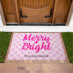 Pink tartan Christmas Merry Bright Family name Doormat