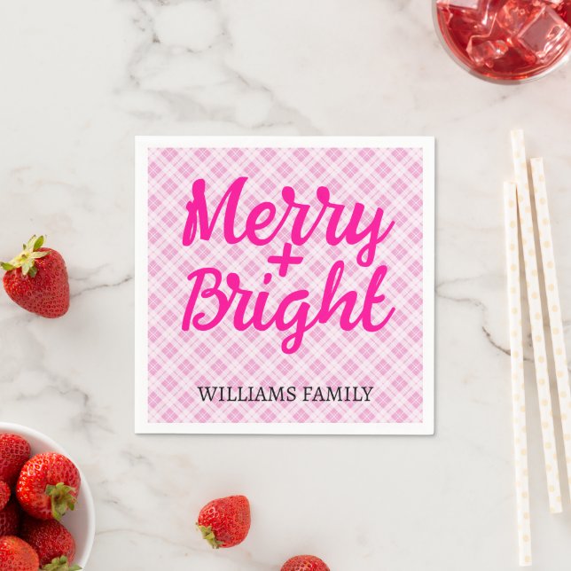 Pink tartan Christmas Merry Bright Family name Napkins (Insitu)