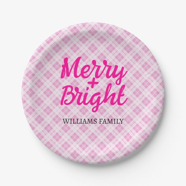 Pink tartan Christmas Merry Bright Family name Paper Plates (Front)