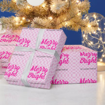 Pink tartan Christmas Merry Bright Family name
