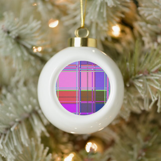Pink tartan Fabric Pattern Cloth Madras Ceramic Ball Christmas Ornament (Tree)