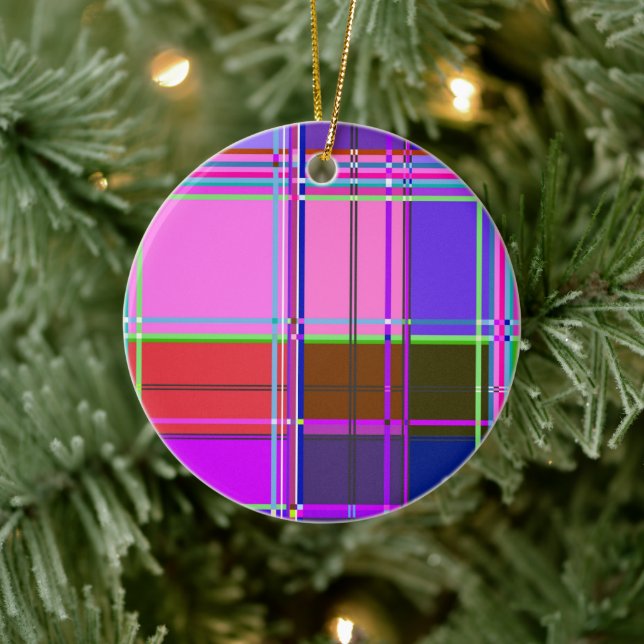 Pink tartan Fabric Pattern Cloth Madras Ceramic Ornament (Tree)