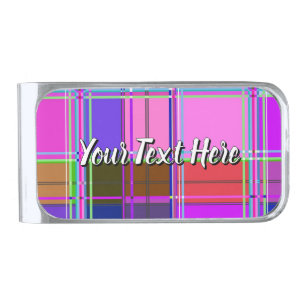 Pink tartan Fabric Pattern Cloth Madras Silver Finish Money Clip