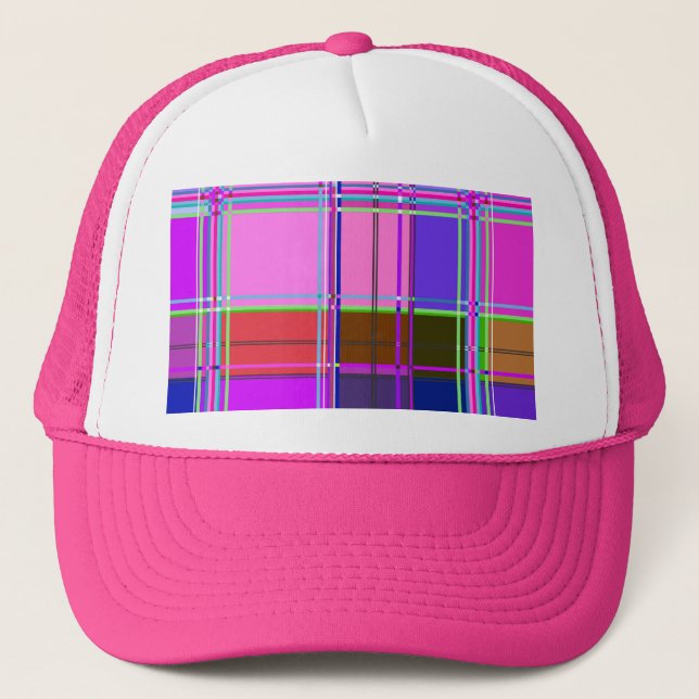 Pink tartan Fabric Pattern Cloth Madras Trucker Hat (Front)