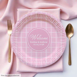 Pink Tartan Paper Plates Modern Monogram Wedding