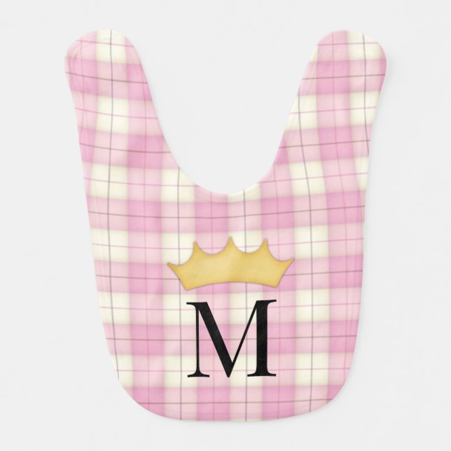 Pink Tartan Personalized Crowned Monogram Royal Baby Bib (Front)
