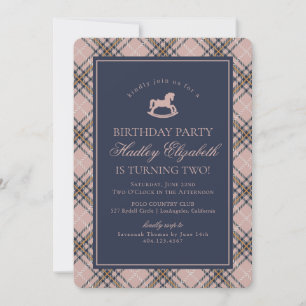 Pink Tartan Plaid Classic Rocking Horse Birthday Invitation