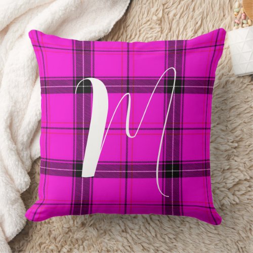 Pink Tartan Plaid Decor - Elegant Name Monogram Throw Pillow