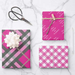 Pink Tartan Plaid Gingham Personalized Christmas Wrapping Paper Sheets