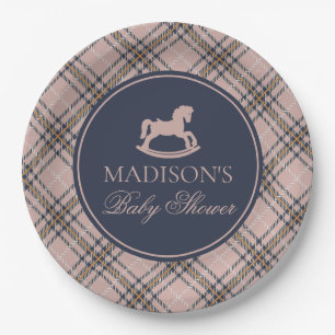 Pink Tartan Plaid Rocking Horse Baby Shower Paper Plates