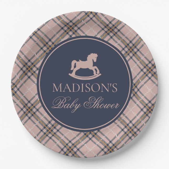 Pink Tartan Plaid Rocking Horse Baby Shower Paper Plates (Front)