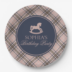 Pink Tartan Plaid Rocking Horse Birthday Party Paper Plates