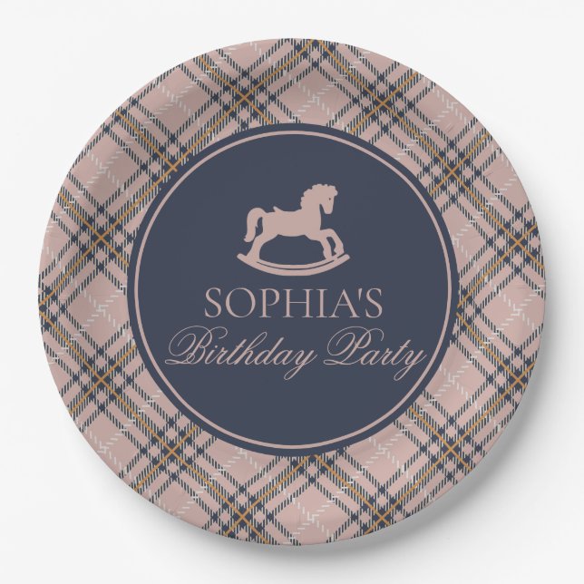 Pink Tartan Plaid Rocking Horse Birthday Party Paper Plates (Front)