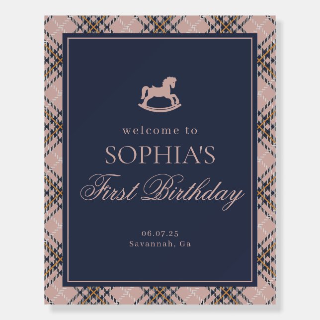 Pink Tartan Plaid Rocking Horse Birthday Welcome Foam Board (Front)