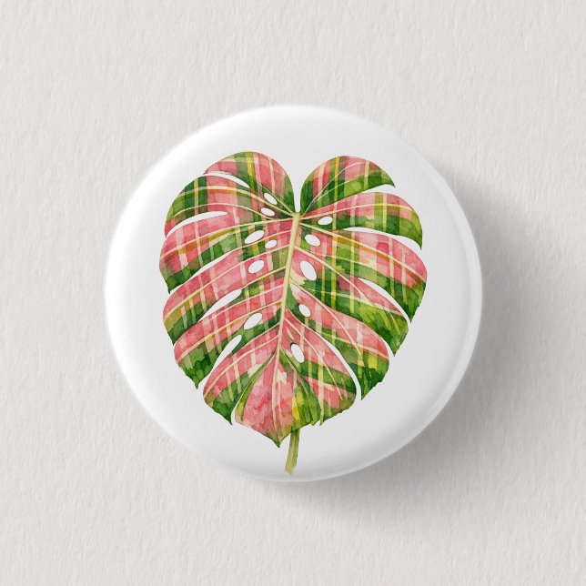 Pink Tartan Scottish Monstera Watercolour Botanic Button (Front)