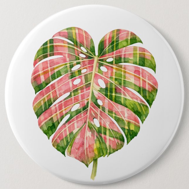Pink Tartan Scottish Monstera Watercolour Botanic Button (Front)