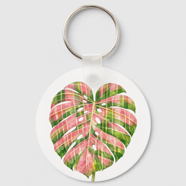 Pink Tartan Scottish Monstera Watercolour Botanic Keychain (Front)