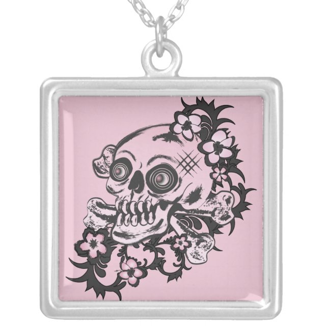 Pink Tattoo Skull Silver Plated Necklace (Front)