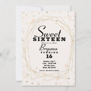 Pink Taupe Dots & Gold Geometric Modern Sweet 16 Invitation
