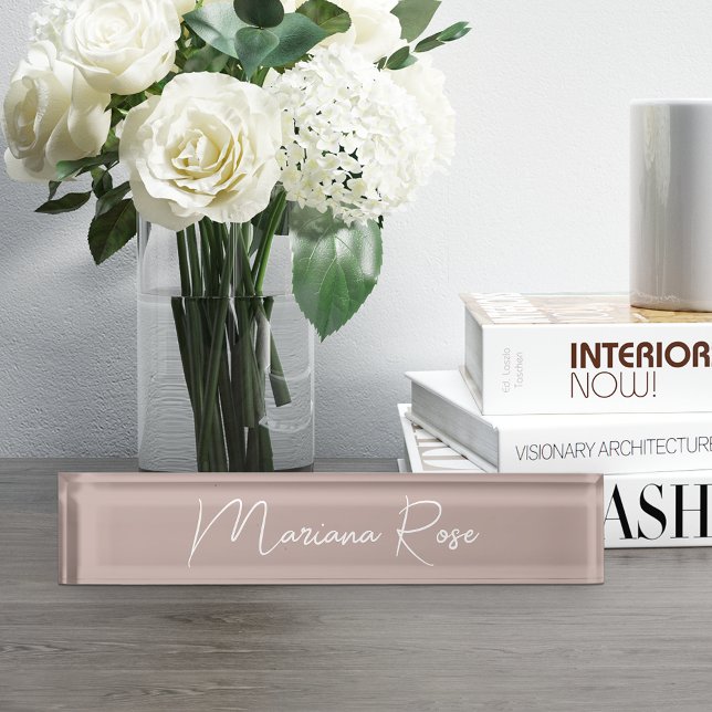 Pink Taupe Elegant Handwritten Script Desk Name Plate (Creator Uploaded)