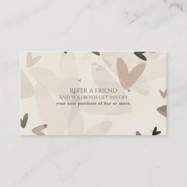 Pink & Taupe Hearts Modern Chic Refer A Friend Referral Card (Front)