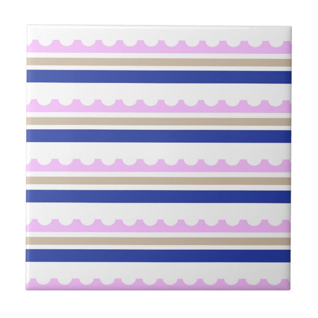 Pink Taupe White Blue Stripe Scallop Pattern print Ceramic Tile (Front)