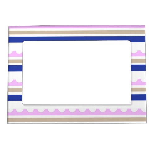 Pink Taupe White Blue Stripe Scallop Pattern print Magnetic Frame