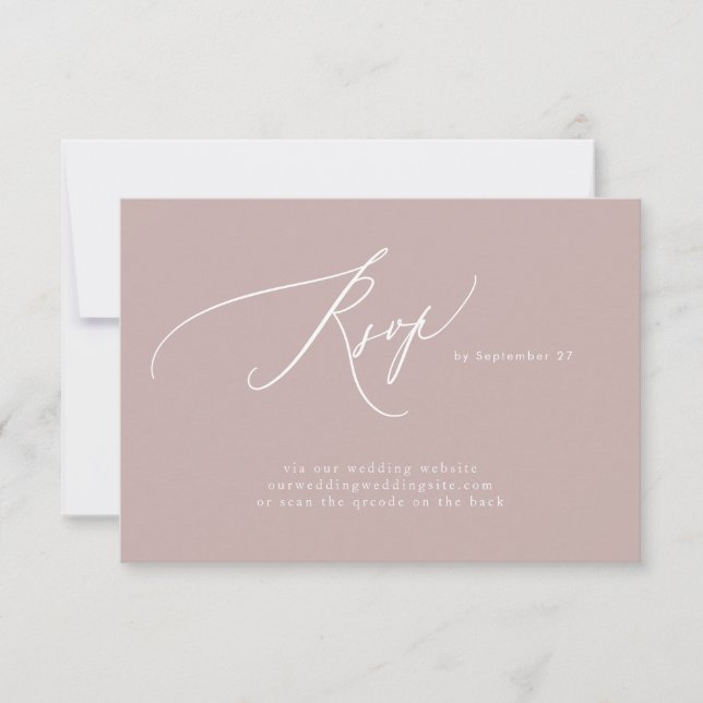 Pink Taupe White Simple QR Code Wedding Website RSVP Card (Front)