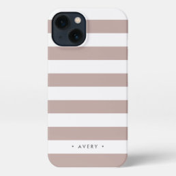 Pink Taupe &amp; White Stripe Personalized iPhone 13 Case