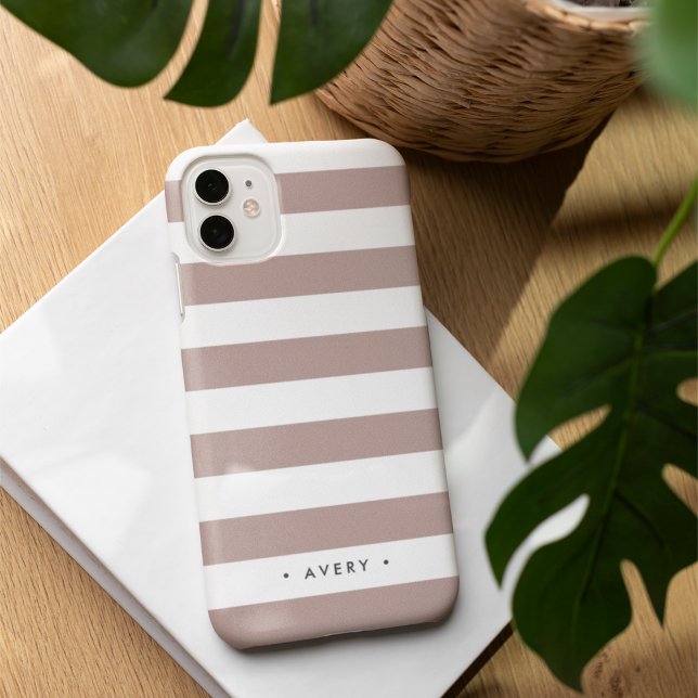 Pink Taupe & White Stripe Personalized iPhone Case (Creator Uploaded)