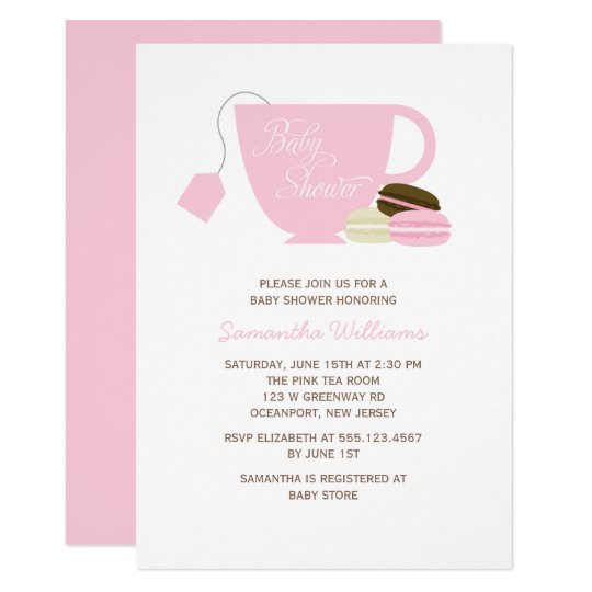 Pink Tea Cup And Macarons Girl Baby Shower Invitation Zazzle Com