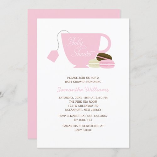 Pink Tea Cup and Macarons Girl Baby Shower Invitation