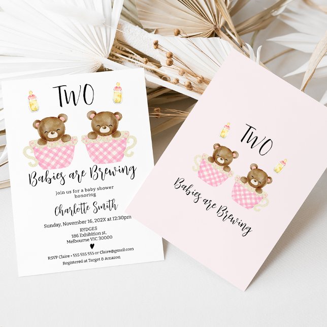 Pink Tea Cups Twins Two Babies Brewing Baby Shower Invitation (Cute two babies are brewing twin girls baby shower invitation featuring two bears in pink teacups.)