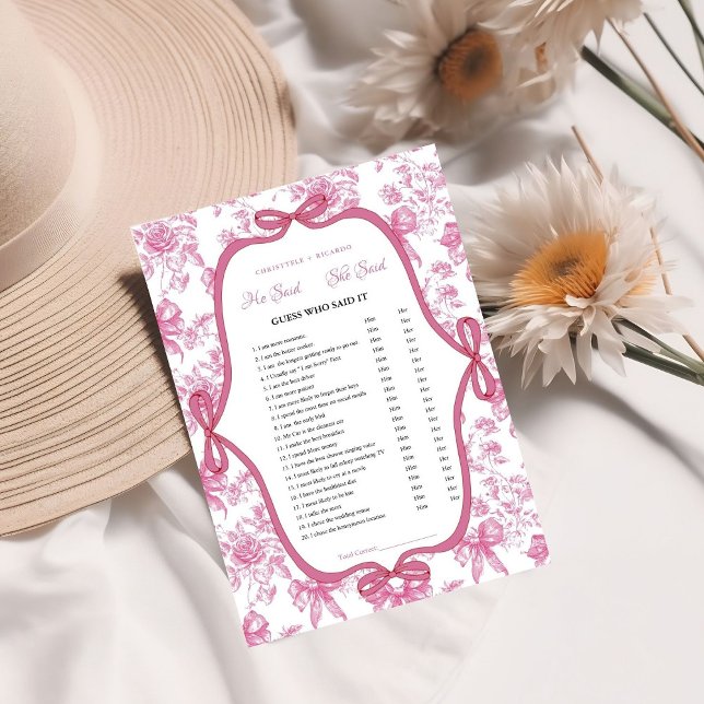 Pink Tea He said she said Bridal shower game card (Creator Uploaded)