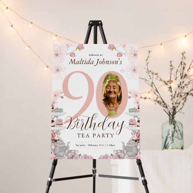 Pink Tea Party 90th Birthday Welcome Foam Board (In Situ (Stand))