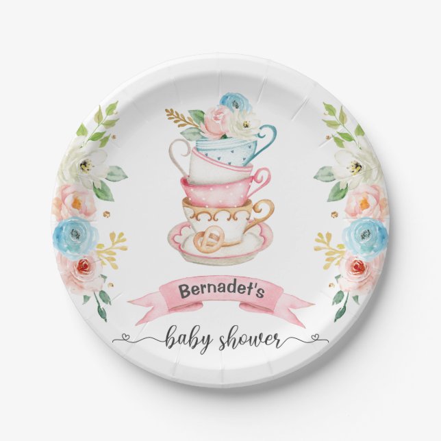 Pink Tea Party Baby Shower Paper Plate (Front)