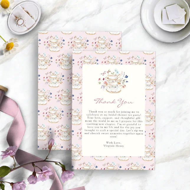 Pink Tea Party Bridal Shower Thank You Card | Zazzle