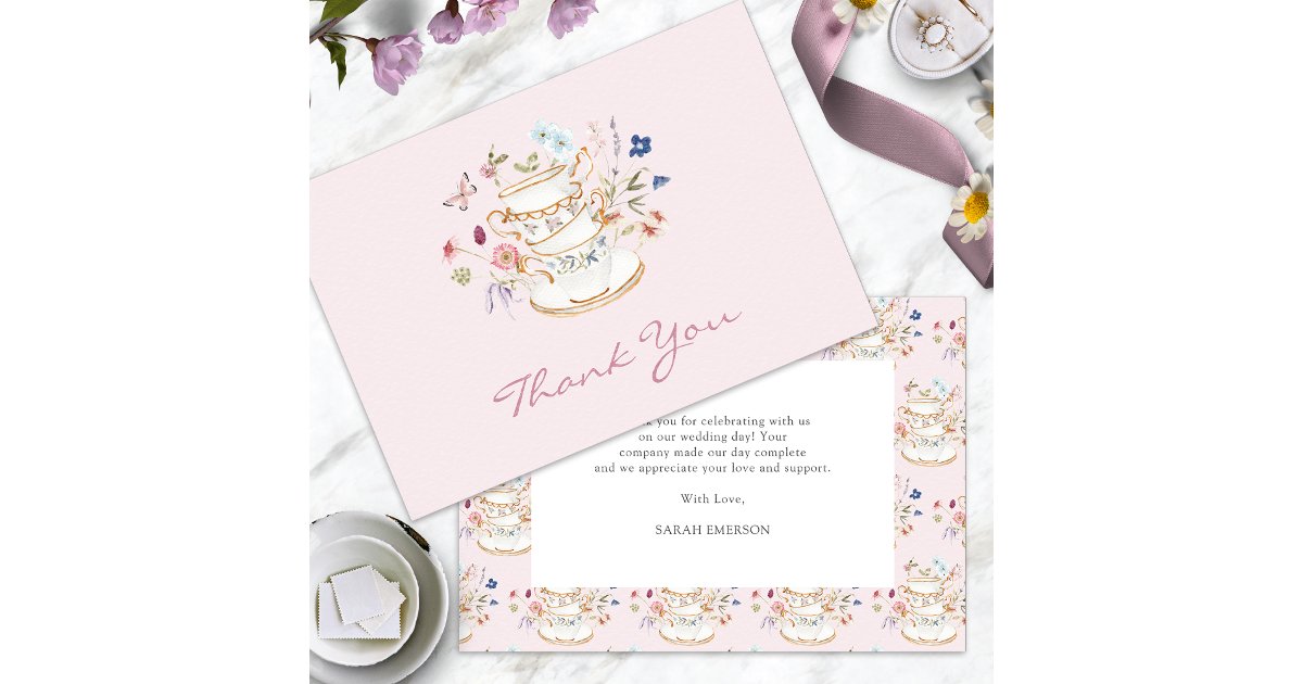 Pink Tea Party Bridal Shower Thank You Card | Zazzle