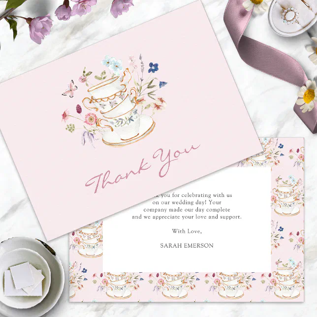 Pink Tea Party Bridal Shower Thank You Card | Zazzle