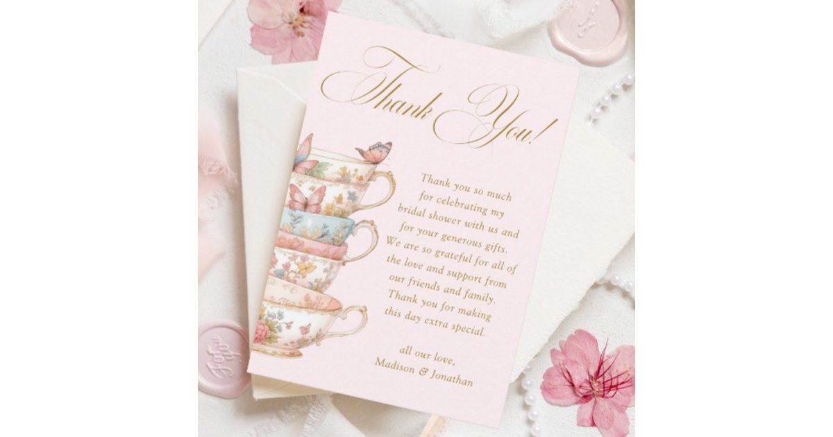 Pink Tea Party Bridal Shower Thank You Card | Zazzle