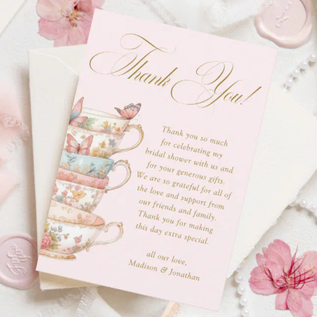Pink Tea Party Bridal Shower Thank You Card | Zazzle
