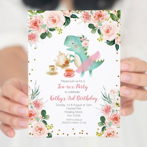 Pink Tea Party Dinosaur 3rd Birthday Invitation