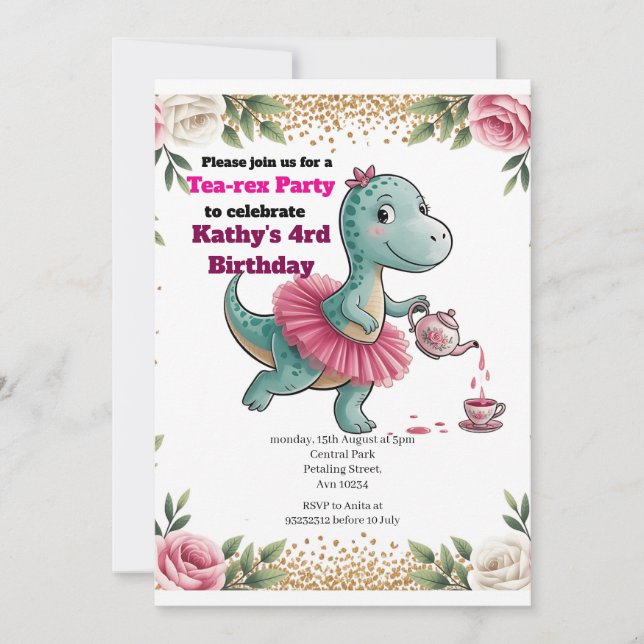 Pink Tea Party Dinosaur 4rd Birthday Invitation (Front)
