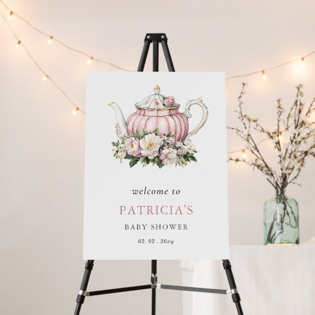Pink Tea Party Girl Baby Shower Welcome Sign (In Situ (Stand))