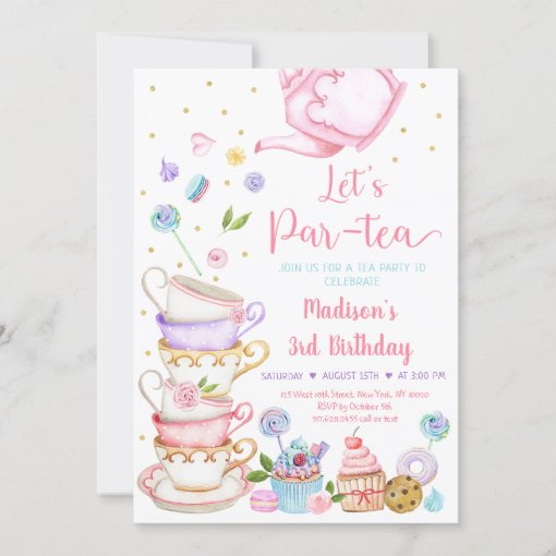 Pink Tea Party Let's Par-tea Birthday Invitation | Zazzle