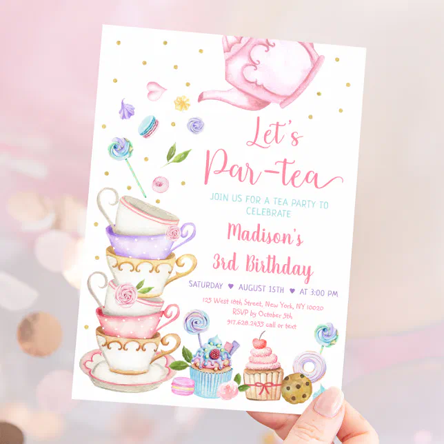 Pink Tea Party Let's Par-tea Birthday Invitation | Zazzle