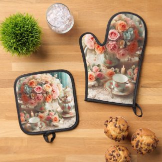 Pink Tea Party Oven Mitt and Pot Holders